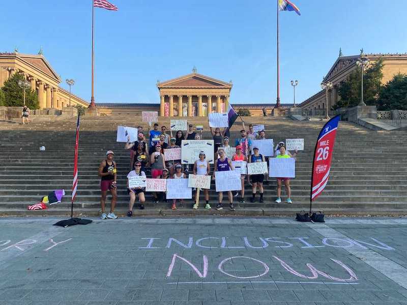 A group of protesters on the Philadelphia Museum of Art's steps